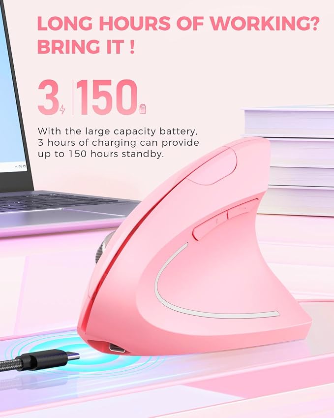 Lekvey Ergonomic Mouse, Vertical Wireless Mouse, Rechargeable 2.4 GHz USB Optical Carpal Tunnel Mice : 800/1200 / 1600 DPI, 6 Buttons, for Laptop, PC, Mac, Computer, Desktop, Notebook etc, Pink