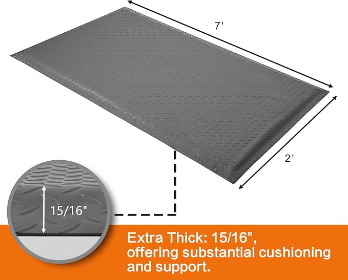 Nisorpa Anti Fatigue Mats Industrial 2' x 7' Ergonomic Standing Mat 15/16" Extra Thick Shop Floor Mat Kitchen Mat Heavy Duty Commercial Diamond Plate Support for Leg & Back Pain, Grey