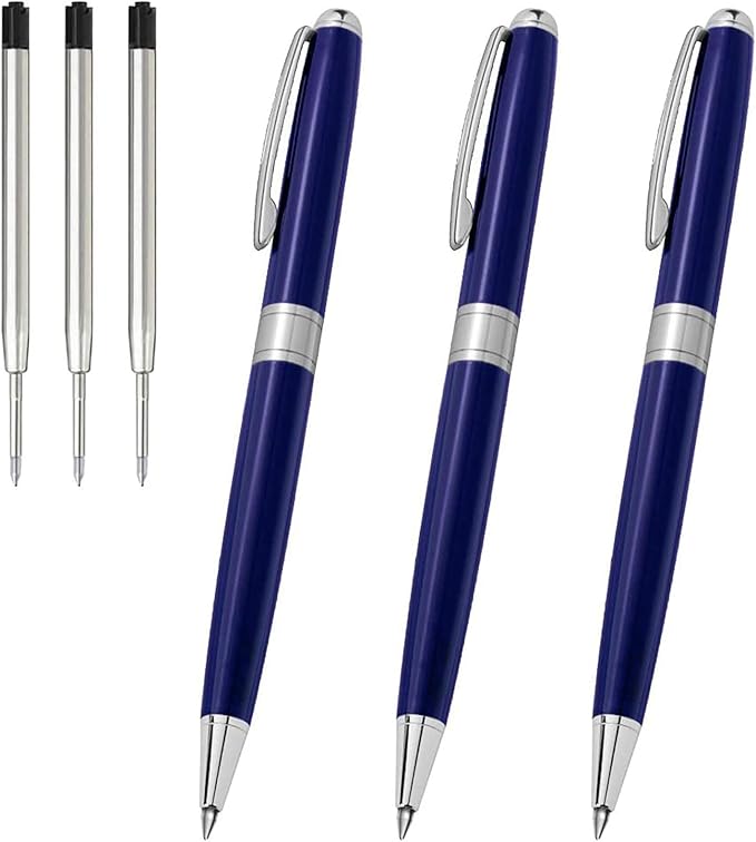 Cambond Ballpoint Pens Black Ink - Weighted Metal Twist Blue Pens for Police Uniform Flight Attendant Business, 1.0 mm Medium Point Smooth Writing, 3 Pens with 3 Extra Refills (Blue)