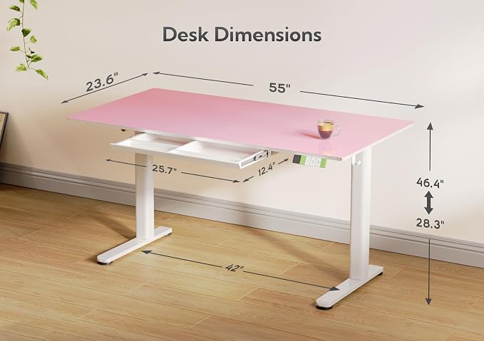 INNOVAR 55×24 Inch Morandi Powder Glass Standing Desk with Drawers | Tempered Glass Top, Ergonomic, Adjustable Height, Stand Up Desk,4 Memory Presets