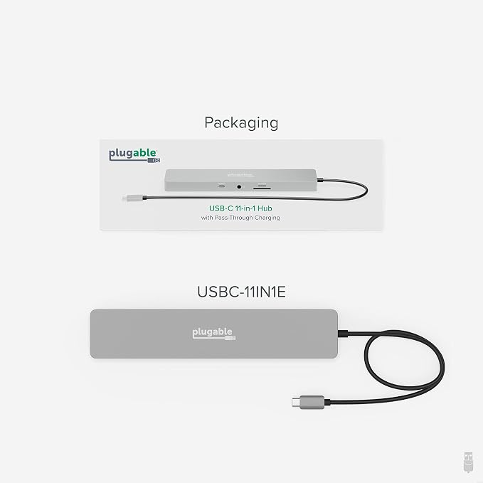 Plugable 11-in-1 USB-C Hub, 100W USB-C Pass-Through, Laptop Docking Station Dual Monitor, 4K 60Hz HDMI, Compatible with Thunderbolt, Windows, Chromebooks, Displays Mirrored on Mac