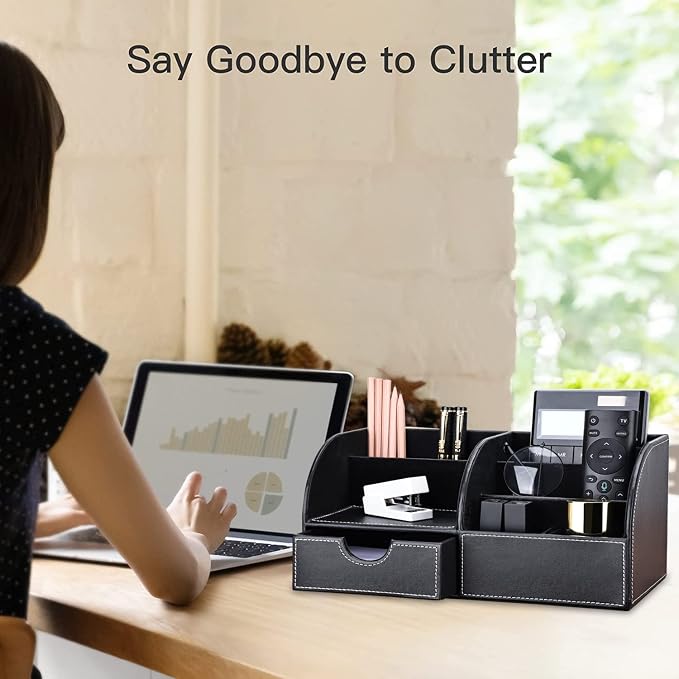 Pu Leather Desk Organizer Pen Pencil Holder Office Supplies Caddy Storage Box 6 Compartments with Drawer Black (Full Pu Leather)