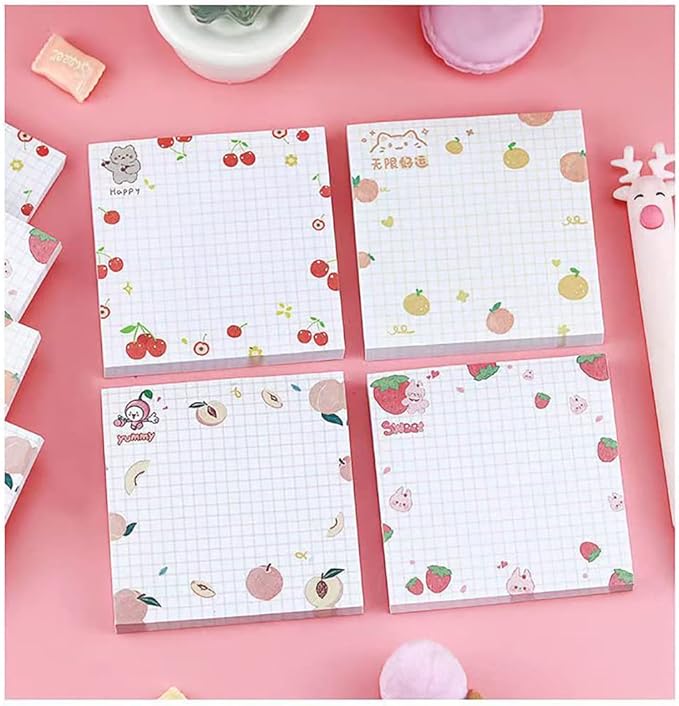 4 Pack Cute Sticky Notes Kawaii Sticky Notes Memo Pad 3.1x3.1 Inches Self-Stick Note Pads Colorful Fruit Sticky Note Pads for Girls DIY Office Home School (320 Sheets), 4 Pads 80 Sheets/Pad