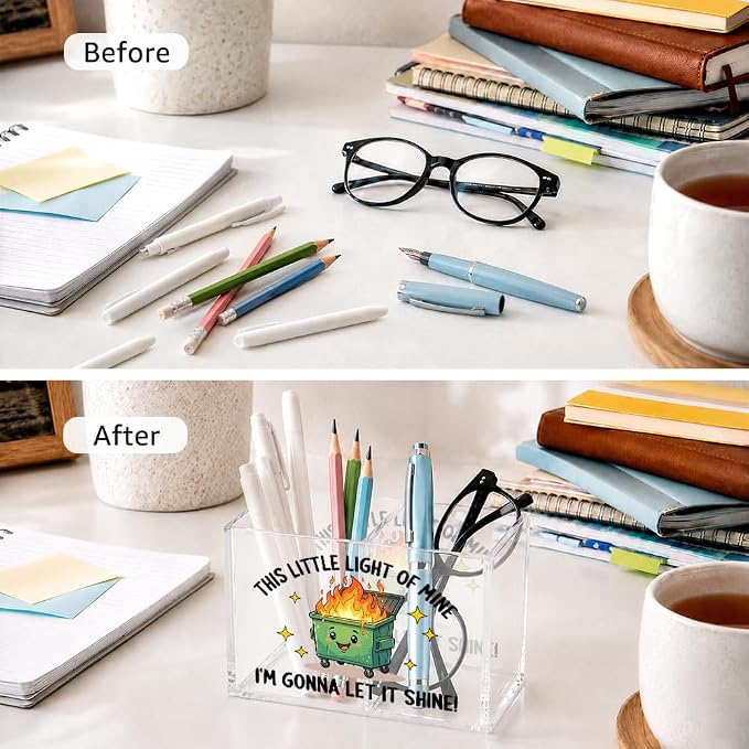 This Little Light Of Mine Acrylic Cosmetic Organizer Pen Holder, Dumpster Fire Office Pencil Holder 2 Compartments, Dumpster Fire Desk Accessories, Inspirational Office Gifts for Coworker