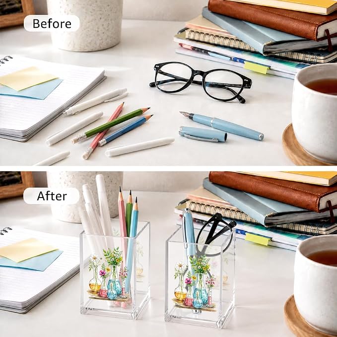 Chemistry Lab Acrylic Pen Holder for Desk, Floral Science Beaker Design Clear Acrylic Organizer Box, Cute Chemist Desk Accessories, Laboratory Office Decor Gifts for Scientist Teacher Student