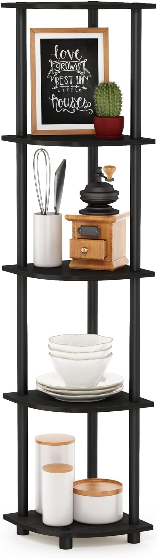 Furinno TURN-N-TUBE Corner Shelf, 5-Tier Corner Bookshelf, Open Storage Shelves, for Organization and Storage, Living Room, Home Office, Garage, Bedroom, Espresso