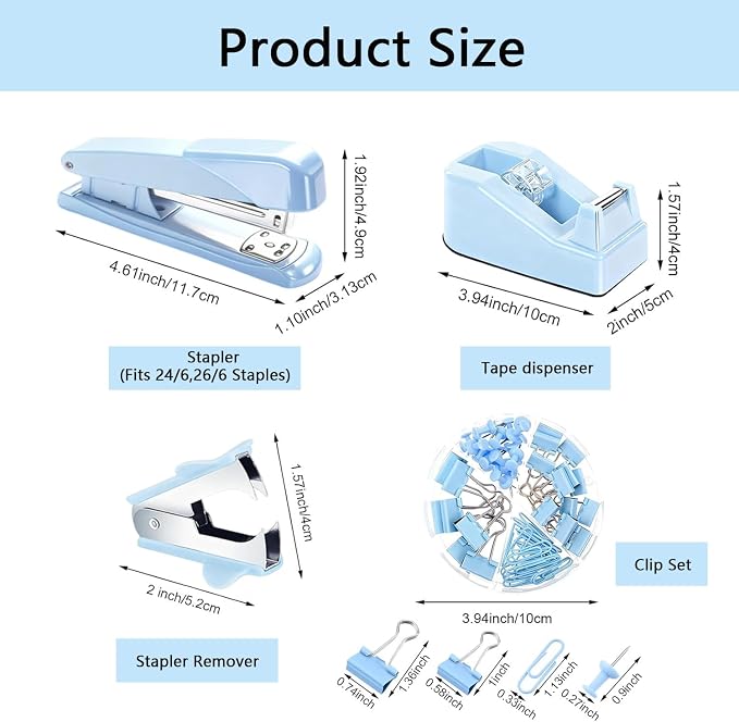 Office Supplies,Blue Desk Accessories,Office Supplies Set,Stapler and Tape Dispenser Set,Scissors,Staple Remover,Binder Clips,Staples,Ballpoint Pen,Index Tabs with Ruler,Clear Tape.9pcs for Office