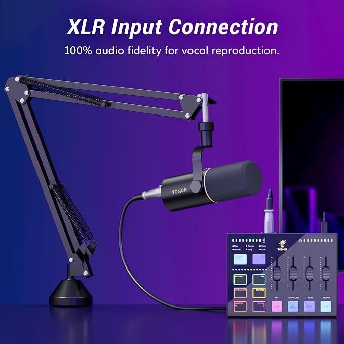 TONOR Dynamic Podcast Microphone Kit, Audio Interface and XLR/USB Mic for Podcasting, Recording, XLR Cardioid Studio Mic with Quick Mute, 3.5mm Jack, Volume Control, Microfono with Boom Arm, Black, E7