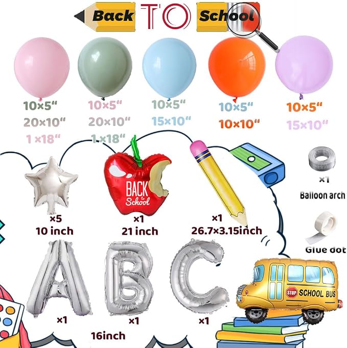 Back to School Balloon Arch Kit,Retro pink purple green Balloons Pencil Apple Bus ABC Foil Balloons for Welcome Back To School Classroom Party First Day of School Kindergarten Decorations
