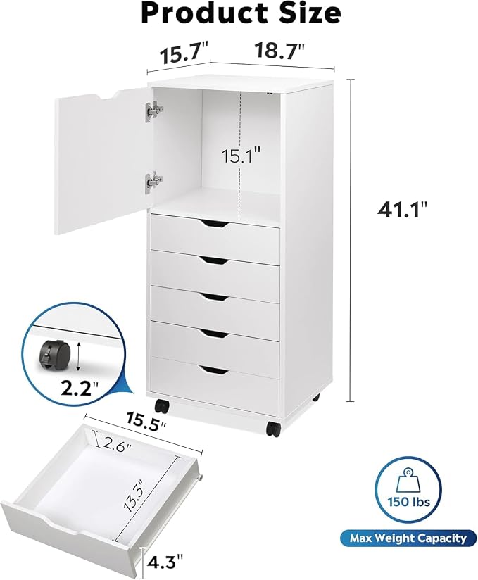 DEVAISE 5 Drawer Cabinet with 1 Door, Mobile Office File Cabinet, White | Wood Rolling Cart, Filing Drawers, Craft Storage Drawer Cabinet, Printer Stand, Home Office