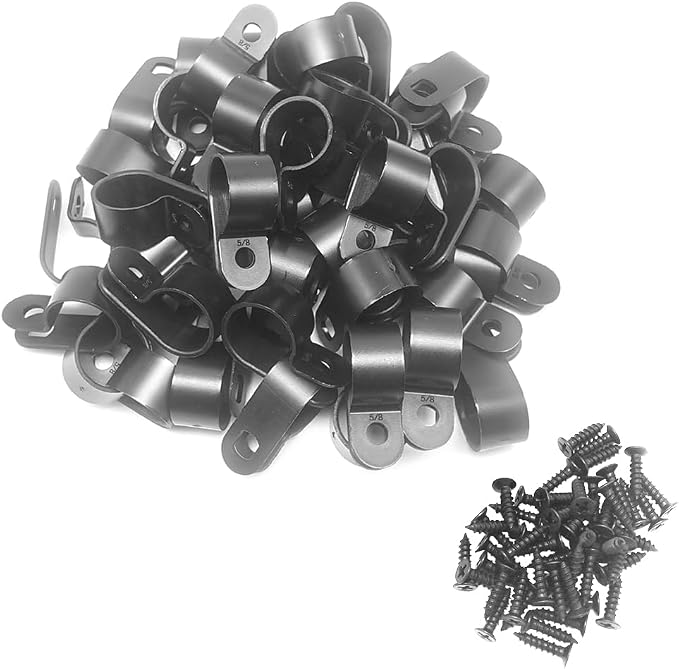 Cable Clamp R-Type Cable Clip Wire Clamp 5/8 inch Nylon Screw Mounting Cord Fastener Clips with Screws for Wire Management 50 Pcs Cable Clamps + 50 Pcs Screws - Black