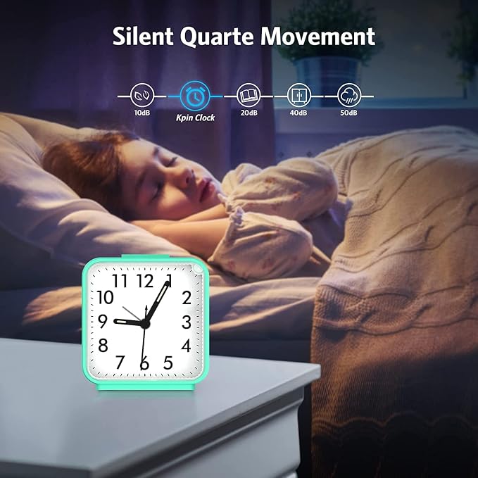 AMIR Small Analog Travel Alarm Clock, Silent Non Ticking Clock | Battery Powered Loud Alarm Clock with Snooze & Night Light for Bedroom Students & Heavy Sleepers
