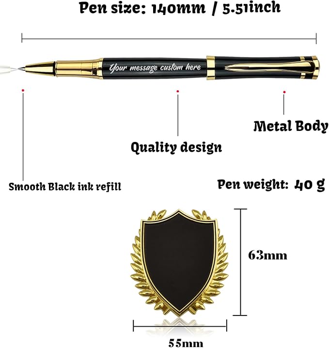 Yastar Customised Pens with a Custom badge - Souvenir Gift Set with Gift box 2 extra Black Refills Engrave any Message on the Pen Gift for Christmas Father's day Graduation Wedding Gifts