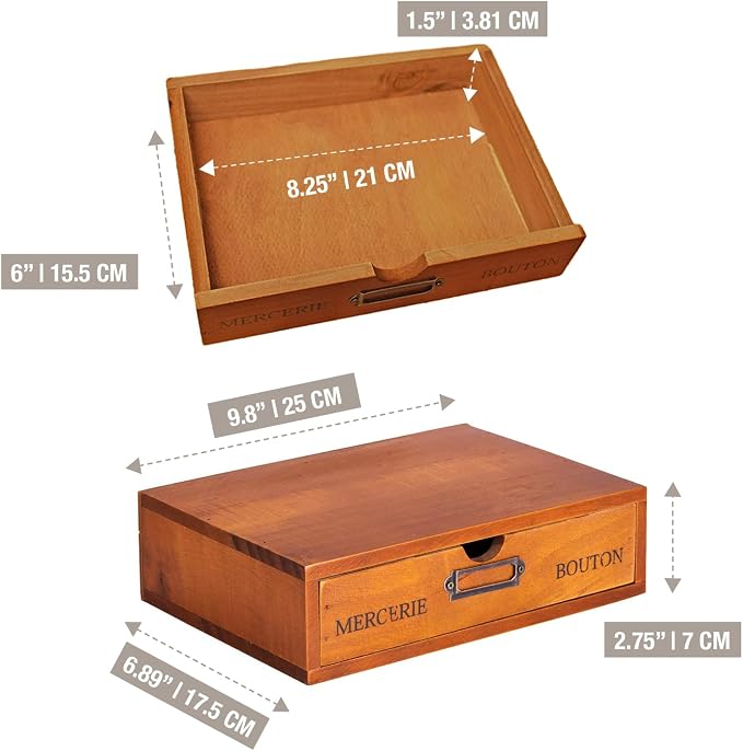 Wooden Single Drawer Unit - Solid Wood Monitor Stand for Desktop Organization and Storage - Stackable Desk Organizer - Rustic Nightstand With Label Holder - Countertop Organizer