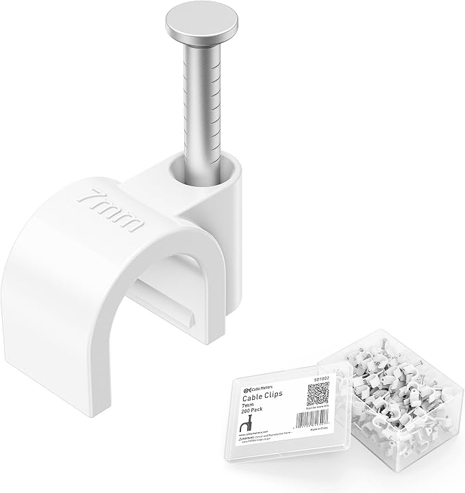 Cable Matters 200-Pack Nail-in Cable Clips, Cord Organizer, 7mm / 0.27 in. | For Cables Up to 7mm OD, Integrated Nails, Storage Container Included, Wall Clips for Baseboards and Wood Trim