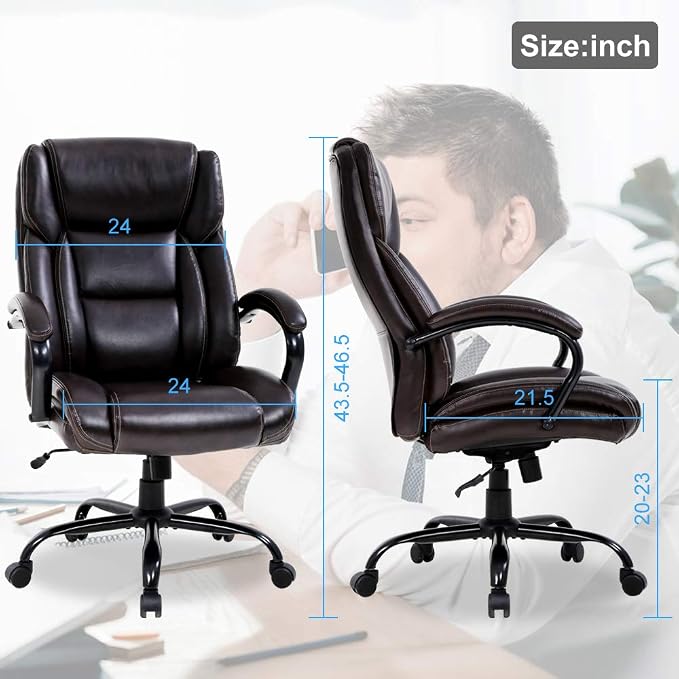 Big & Tall Executive Office Chair Heavy Duty 500LBS Computer Desk Chair Ergonomic High Back Task Rolling Swivel Chair with Lumbar Support Armrest PU Leather Classic Executive Chair for Adult, Brown