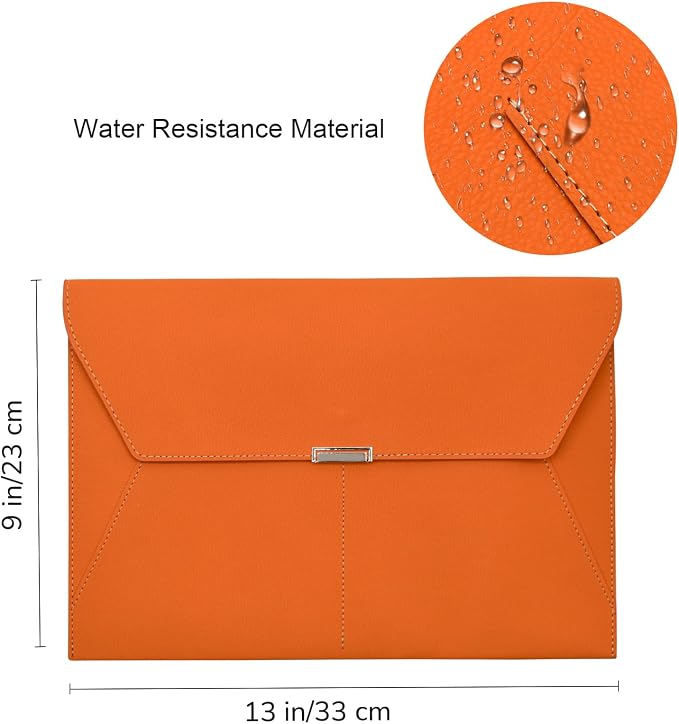 VANRA File Folder Document Holder Organizer Waterproof Portfolio Leather Folder Case with 3 Pockets, Filing Envelopes for A4 Letter Size Paper with Snap Magnetic Button Closure (Orange)