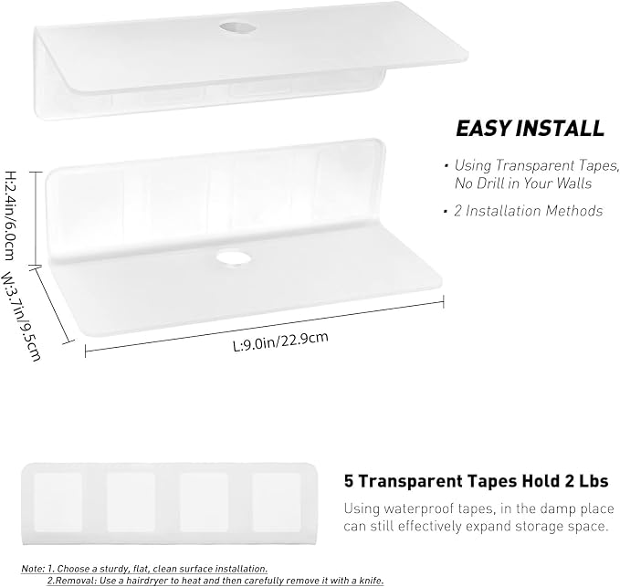 OAPRIRE Acrylic Floating Shelves Set of 2 - Damage Free Expand Wall Space - 9 Inch Adhesive Shelf for Bedroom, Bathroom, Kitchen, Shelves for Wall Decor with Cable Clips (Frosted)