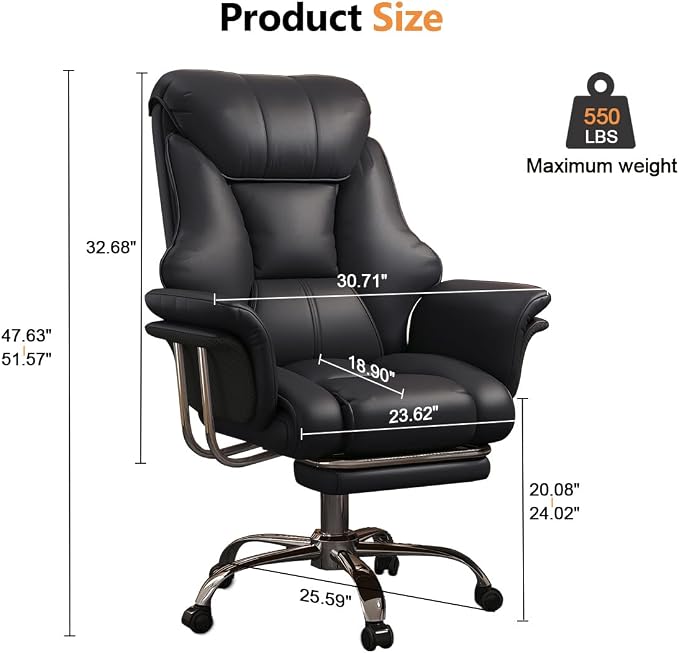 Big and Tall Office Chair Wide Seat Ergonomic Leather Executive Desk Chair with Leg Rest, Heavy-Duty 550 lbs Adjustable Height Computer Gaming Chairs