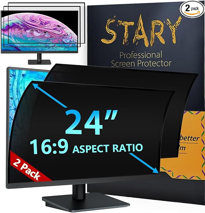 STARY 2-Pack 24 Inch Privacy Screen for Computer Monitor 16:9 Aspect Ratio, Eye Protection, Anti Blue Light, Glare Shield, Removable Black Blackout Anti Spy Desktop Security Private Filter