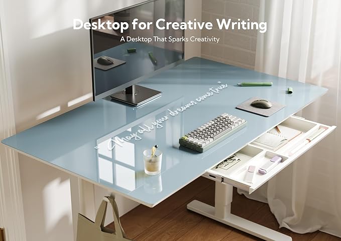 INNOVAR 40×24 Inch Morandi Blue Glass Standing Desk with Drawers | Tempered Glass Top, Ergonomic, Adjustable Height, Stand Up Desk,4 Memory Presets