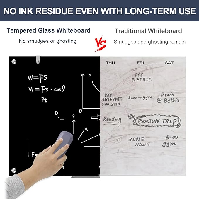 Dry Erase Board Black Magnetic Glass Whiteboard, TANKEE Modern Large Frameless Tempered Glass White Board for Wall, Office, School, Home, 36” x 24”, 3' x 2' White Board