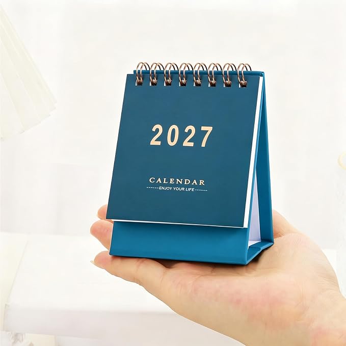 Mini Desk Calendar 2026-2027 - Runs From January July 2026 until Dec 2027, 18-Month Small Desktop Calendar 250gsm Thick Paper Twin-Wire Binding for Home or Office (Blue)
