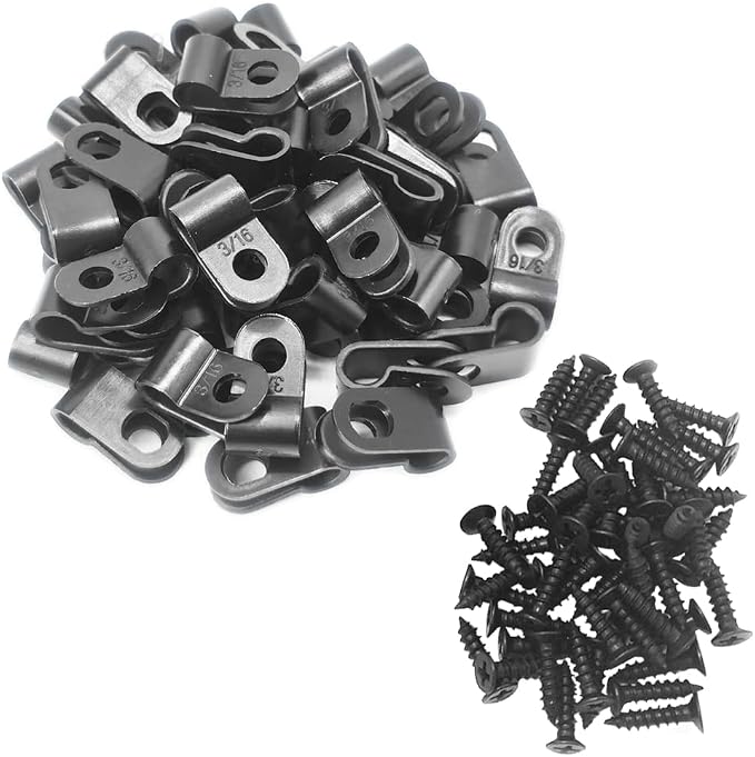 Cable Clamp R-Type Cable Clip Wire Clamp 3/16" Nylon Screw Mounting Cord Fastener Clips with Screws for Wire Management - Black - 50 Pcs