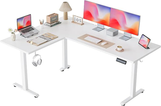 Agilestic L Shaped Standing Desk 63 inch Adjustable Height, Electric Corner Standing Desk, Sit Stand Computer Table with Splice Board, White