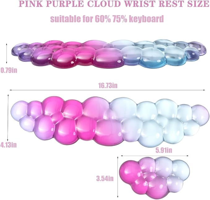 Ergonomic Cloud Silicone Gel Keyboard and Mouse Wrist Rest Set – Clear Wrist Rest for Keyboard 60%/68%/75%, Comfort & Support for Typing and Gaming (Pink Blue)