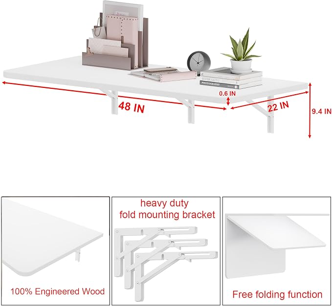 IAE 48" x 22" Floating Foldable Desk,Wall-Mounted Folding Computer Table with Engineered Wood,Study Table with Shelf Brackets,Fold Down Shelf,Fold Computer Desk for Small Spaces,Holds 500 lb,White