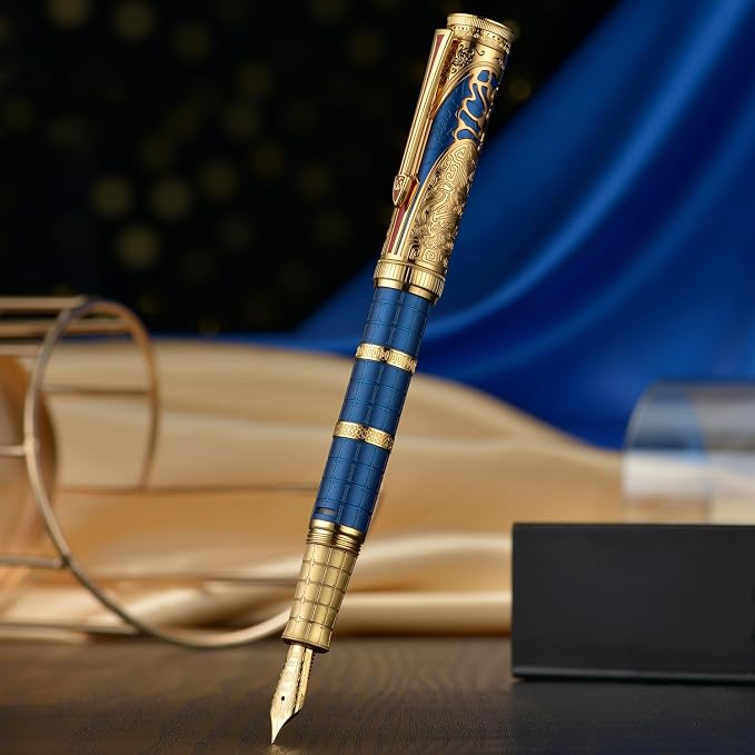 HONG DIAN D5 Qin Dynasty Fountain Pen Blue Gold, Fine Nib Piston Filling Pen, Retro Chinese Totem Engraving Smooth Writing Pen with Pen Box Set