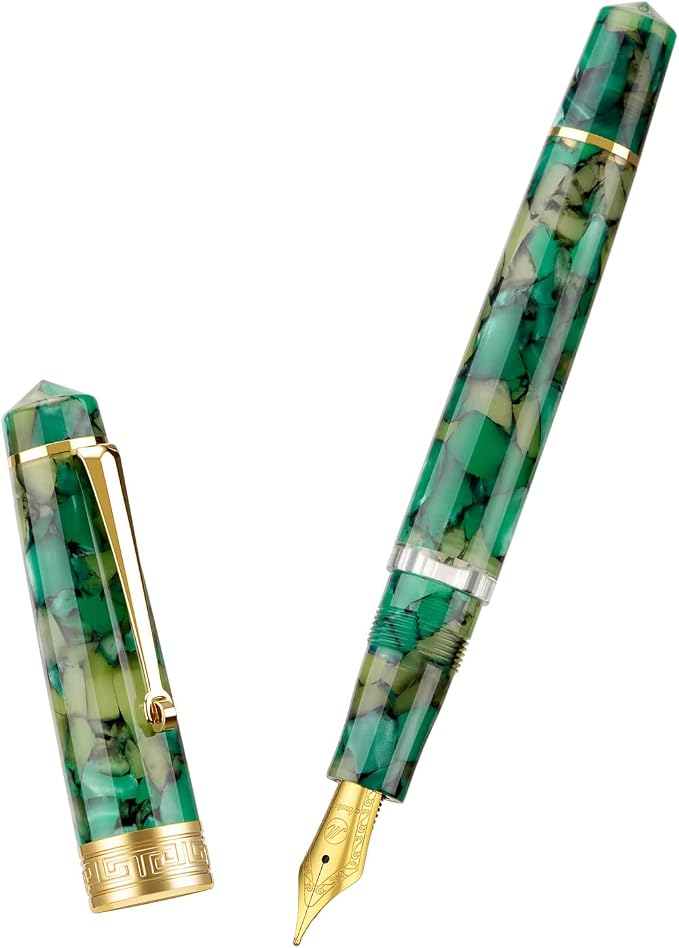 Asvine P20 Piston Fountain Pen Extra Fine Point, Green Marble Acrylic Gold Trim Smooth Writer Collection with Case Set