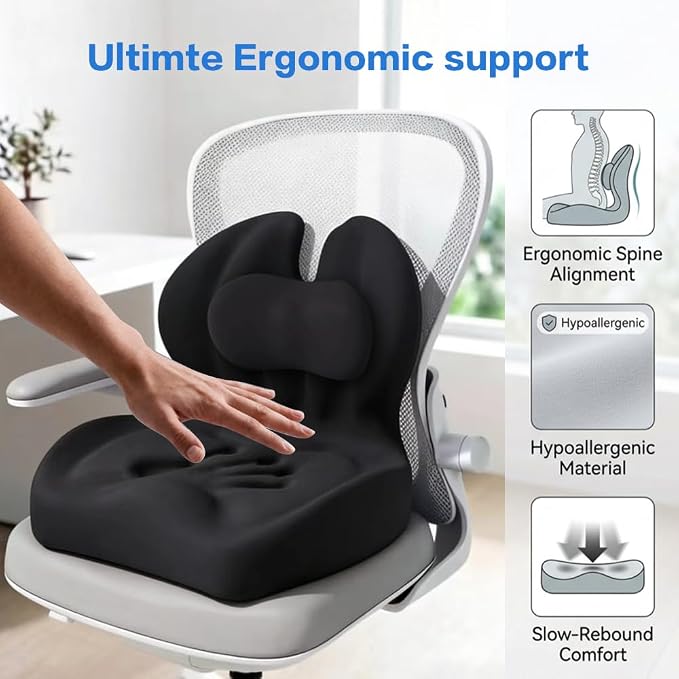 Adjustable Memory Foam Lumbar Cushion - Ergonomic Lower Back Support Pillow with Cotton Cover, Mid-Height Customizable Design for Office Chair, Car Seat, Long Sitting (Black, Large)