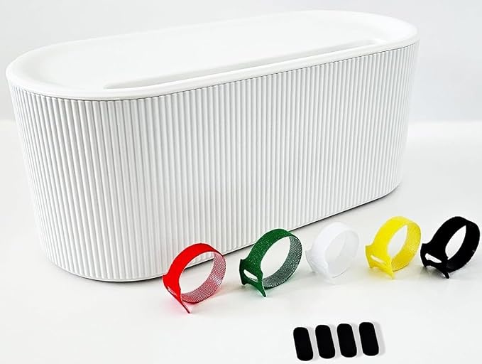 Cable Management Box, White Cord Organizer Box with Lid, 12.4 x 5.1 x 4.8 in, Includes 5 Reusable Cable Ties and 4 Anti-Slip Pads, Cable Hider for Desk, TV Stand, Office