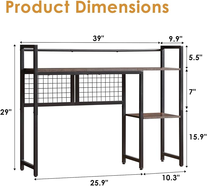 4-Tier Desk Hutch Shelf with Grid Panel, 39” Desktop Bookshelf for Monitor, Office & Home (Rustic Brown, 39")