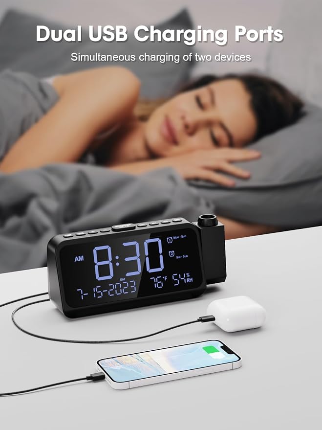 ROCAM Projection Alarm Clock with 180° Ceiling Projector & Digital Display | 5-Level Dimmer, Dual Alarms, Night Light, Temp & Humidity Display, Weekday/Weekend Mode, DST, Snooze Function for bedroom