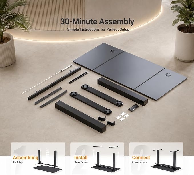 Claiks 48 x 24 Inch Black Electric Standing Desk | Adjustable Height, Sit Stand, 3 Memory Presets, Cable Management, Spacious Ergonomic, Home Office & Bedroom