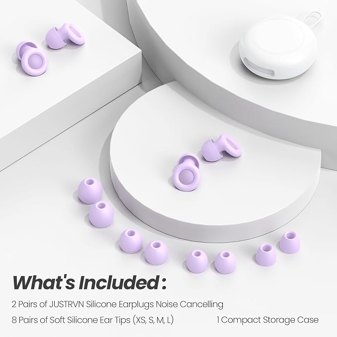 JUSTRVN Ear Plugs for Sleeping,2 Pairs of Noise Reduction Earplug for Concert&Study, Hearing Protection Earplugs -30dB with 4-Size Tips,Reusable Silicone Earplugs for Comfort,Focus and Loud Events