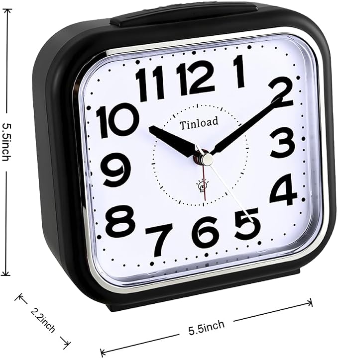 Tinload 5.5" Large No Ticking Analog Alarm Clock,Silent Readable for Seniors,Easy to Set,Gradual Rise Alarm,Big Numbers,Gentle Wake,Snooze, Lighted on Demand,Battery Operated(Black-B)