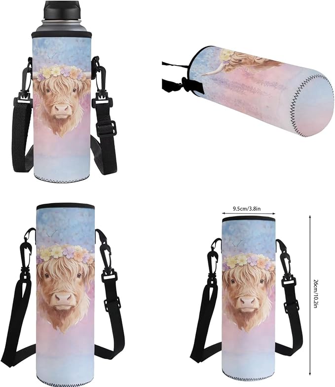 WELLFLYHOM Highland Cow Kids Backpack Set with Lunch Box Girls 8-12 Cherry Blossom School Bookbag Lunch Bag Pencil Pen Case Water Bottle Carrier Back to School Gift
