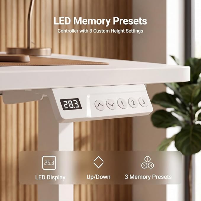 Claiks Electric Small Standing Desk, 32x19 Inch, White | Adjustable height for sit-stand, 156lbs capacity, scratch-resistant surface, 3 memory presets, cable management & hook.