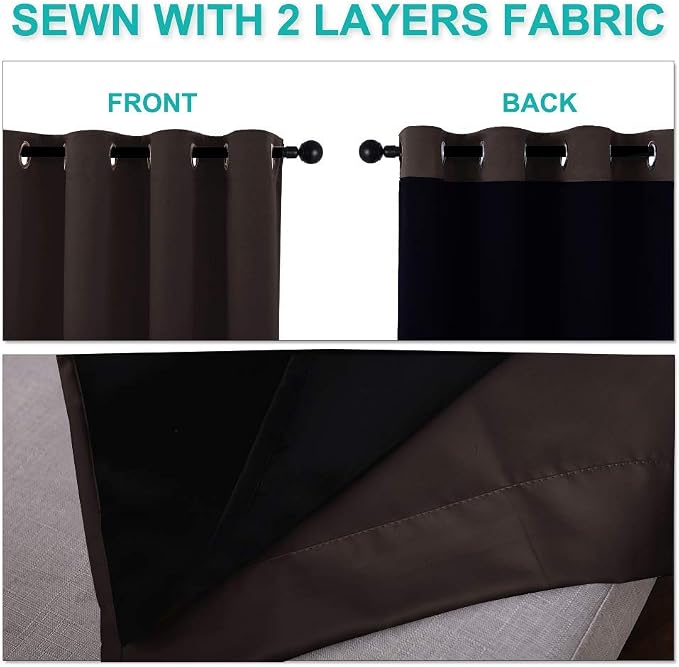 NICETOWN Full Shading Curtains for Windows, Brown, Pack of 2, 62 inches W x 95 inches L, Super Heavy-Duty Black Lined Blackout Curtains for Bedroom, Privacy Assured Window Treatment