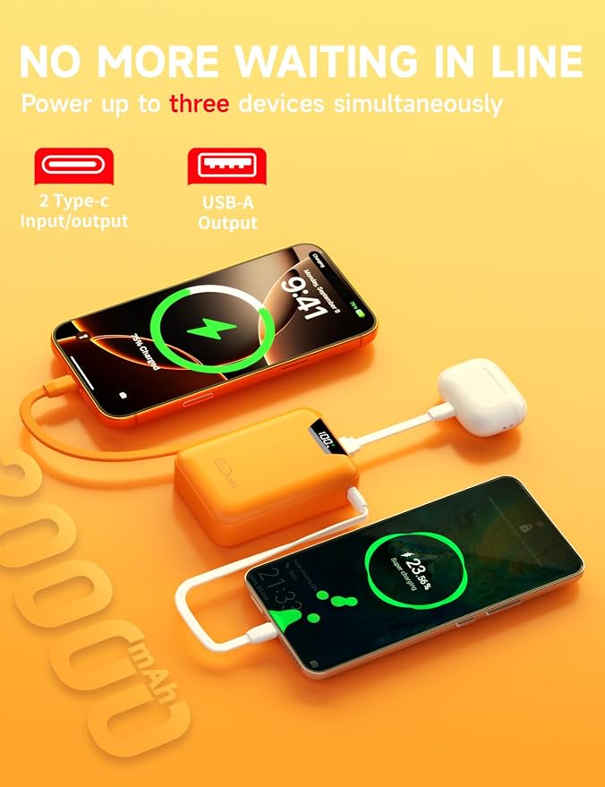 M2 Portable Charger, 20000mAh Power Bank, PD 35W Ultra Fast USB-C Built-in Cable, Compact Cute Mini External Battery Pack for iPhone, Samsung, Android iPad (Orange)