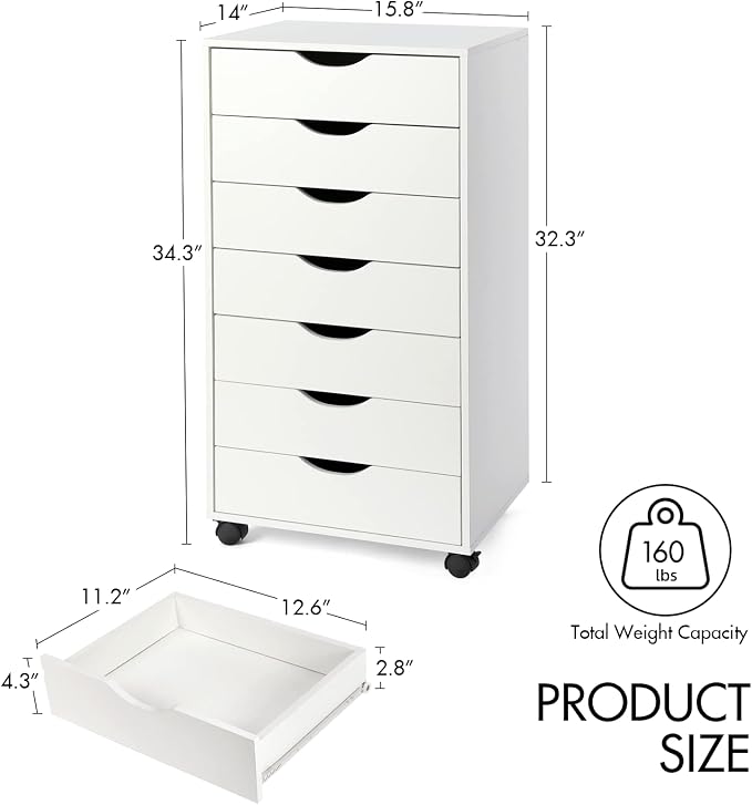 TUSY 7 Drawer Storage Organizer on Wheels, Mobile File Cabinet with Locking Casters, Tall Chest of Drawers for Home Office, White Rolling Storage Drawers for Office Supplies