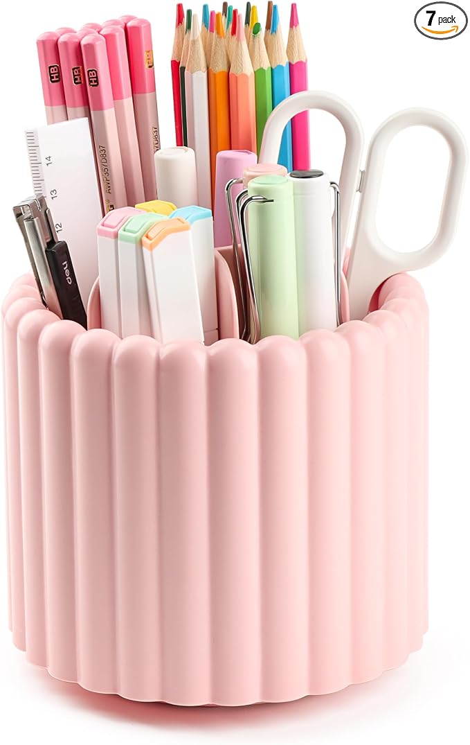 Desk Organizer, 360° Rotating Pen Holder for Desk, Pencil Cup with 7 Compartments Storage Box Caddy for Kids, Office, School, Home (Pink)