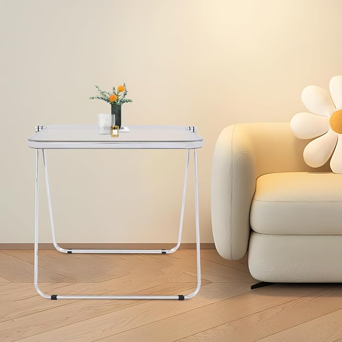 Acrylic Folding TV Tray Table, Small Portable Square Laptop Desk, End Side Table Modern Square Table for Home Office, No Assembly Space-Saving Side Table with Metal Frame (Grey)