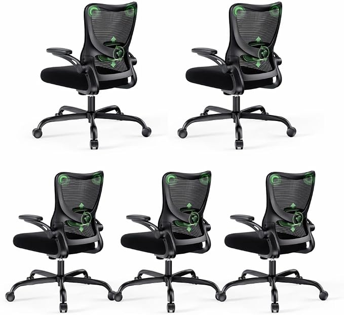 Marsail Ergonomic Office Chair Desk Chair with 3D PU Armrests and Adjustable Lumbar Support Breathable Mesh Chair Executive Rolling Swivel Comfy Task Chair for Home Office Gaming，Pack of 5