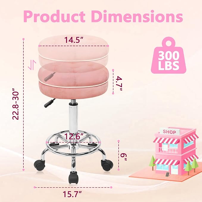 KLASIKA Velet Rolling Bar Stool with Wheels, Tall Drafting Stool with Adjustable Height and Footrest, Multi-Purpose Office Desk Chair for Home Kitchen Shop Work, Pink (4PK)