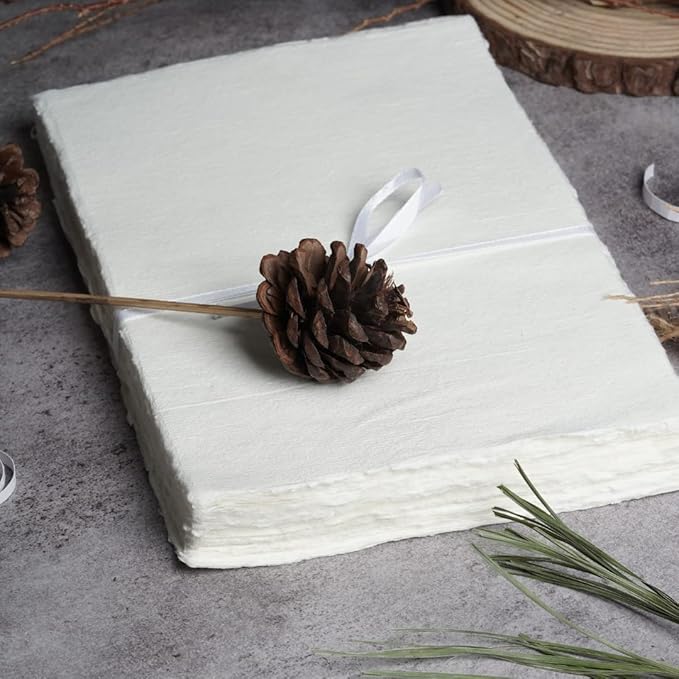 50 Sheets - Rough/Textured Watercolor Paper - 8 X6 inches(150GSM) - Handmade/Deckle Edge Paper Made from Virgin Egyptian Cotton - White by Leather Village